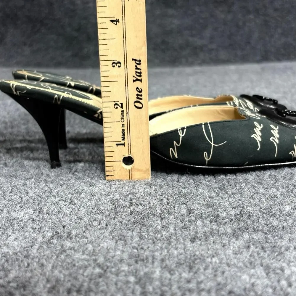 Vintage Chanel Shoes Womens 6 EU 36 Black Cruise Script Print Kitten Heel Mules